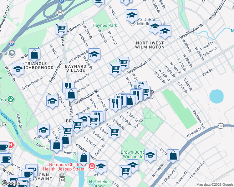map of restaurants, bars, coffee shops, grocery stores, and more near 207 West 28th Street in Wilmington
