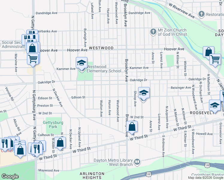 map of restaurants, bars, coffee shops, grocery stores, and more near 345 Westwood Avenue in Dayton