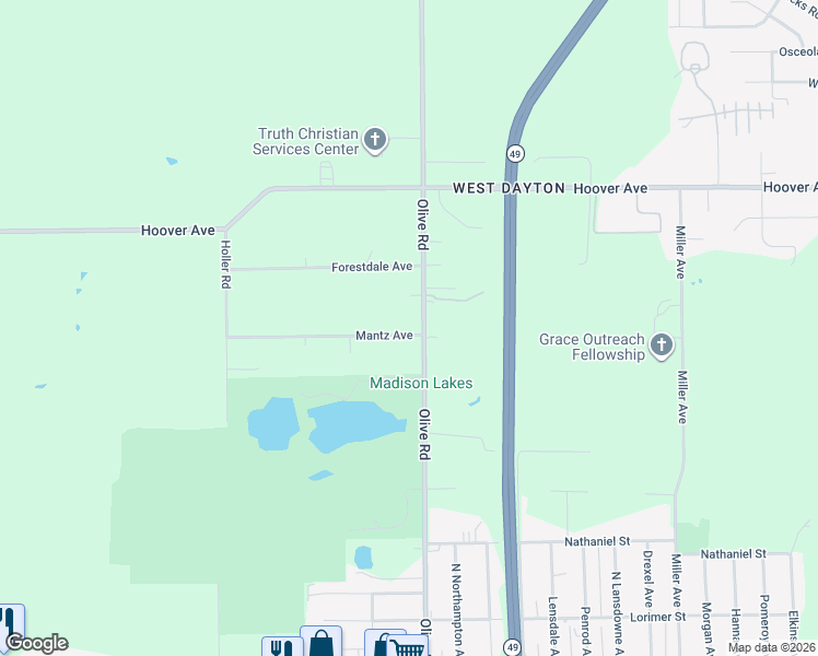 map of restaurants, bars, coffee shops, grocery stores, and more near 735 Olive Road in Dayton