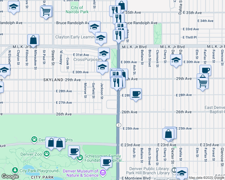 map of restaurants, bars, coffee shops, grocery stores, and more near 2850 Harrison Street in Denver