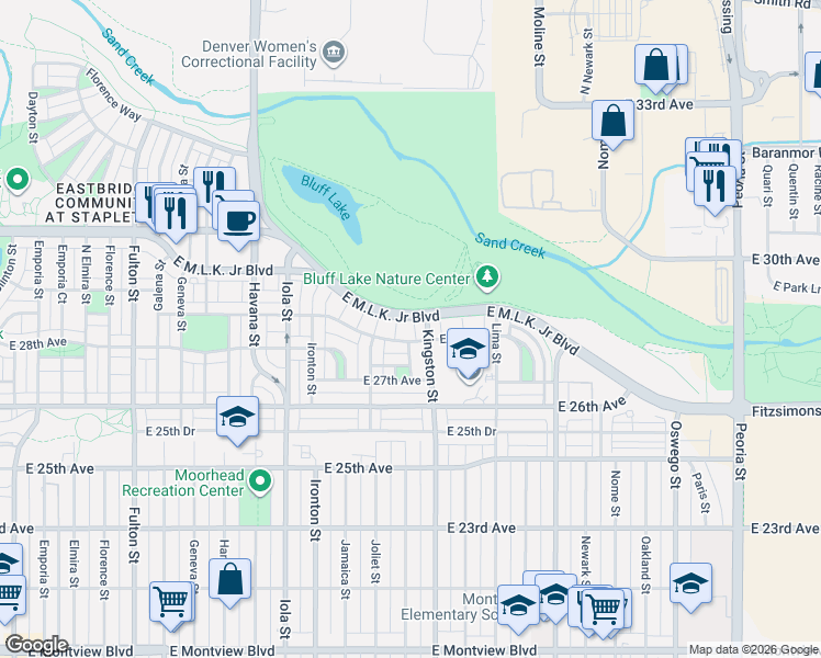 map of restaurants, bars, coffee shops, grocery stores, and more near 2870 Kingston Street in Denver