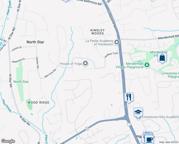 map of restaurants, bars, coffee shops, grocery stores, and more near 10 Haileys Trail in Newark
