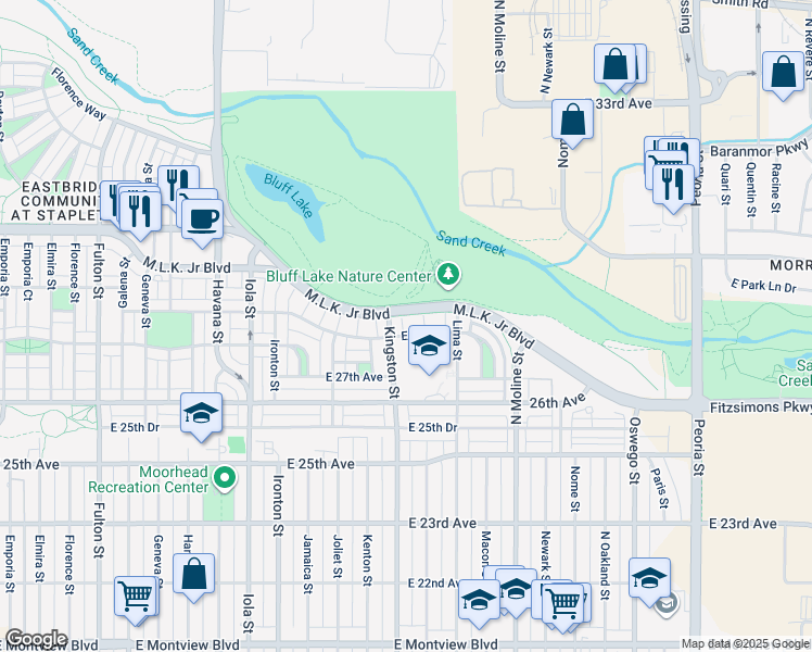 map of restaurants, bars, coffee shops, grocery stores, and more near 2870 Kingston Street in Denver