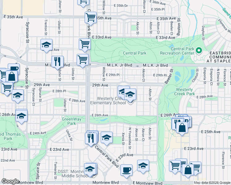 map of restaurants, bars, coffee shops, grocery stores, and more near 8770 East 29th Avenue in Denver