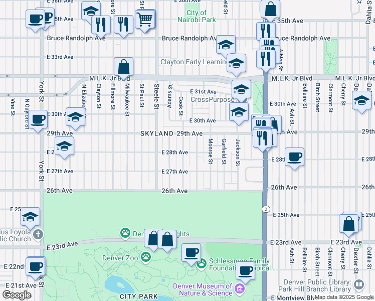 map of restaurants, bars, coffee shops, grocery stores, and more near 2828 Cook Street in Denver
