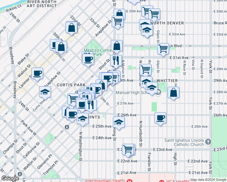 map of restaurants, bars, coffee shops, grocery stores, and more near 2844 North Downing Street in Denver