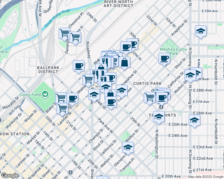 map of restaurants, bars, coffee shops, grocery stores, and more near 2533 Lawrence Street in Denver