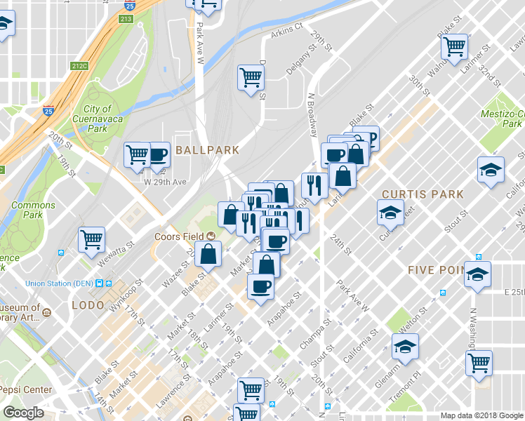 map of restaurants, bars, coffee shops, grocery stores, and more near 1551 Park Avenue West in Denver