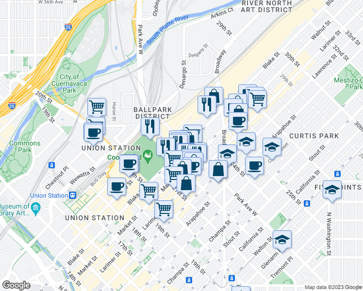 map of restaurants, bars, coffee shops, grocery stores, and more near 2301 Blake Street in Denver