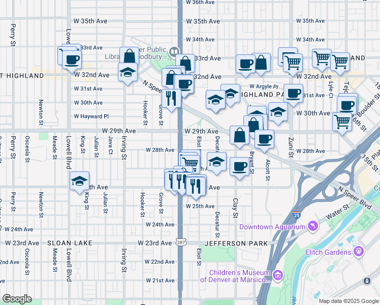 map of restaurants, bars, coffee shops, grocery stores, and more near 2913 West 28th Avenue in Denver