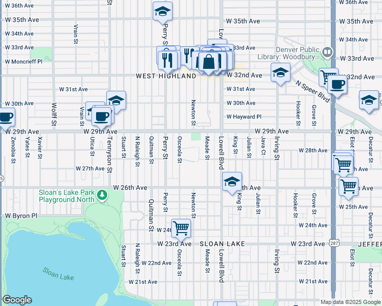 map of restaurants, bars, coffee shops, grocery stores, and more near 2800 Osceola Street in Denver
