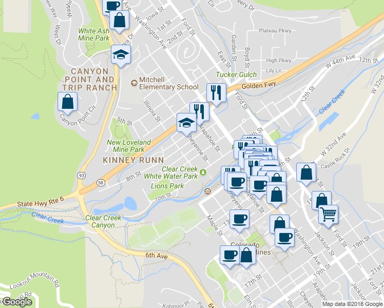 map of restaurants, bars, coffee shops, grocery stores, and more near 820 Cheyenne Street in Golden