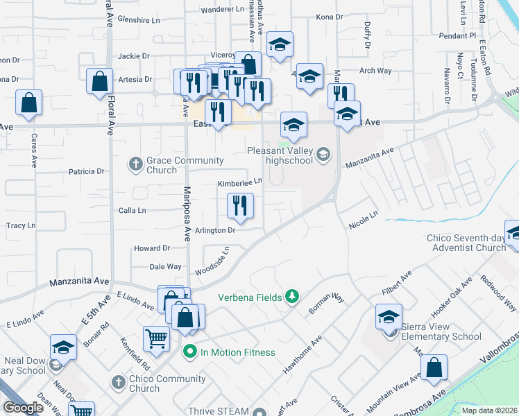 map of restaurants, bars, coffee shops, grocery stores, and more near 1 Garwood Lane in Chico