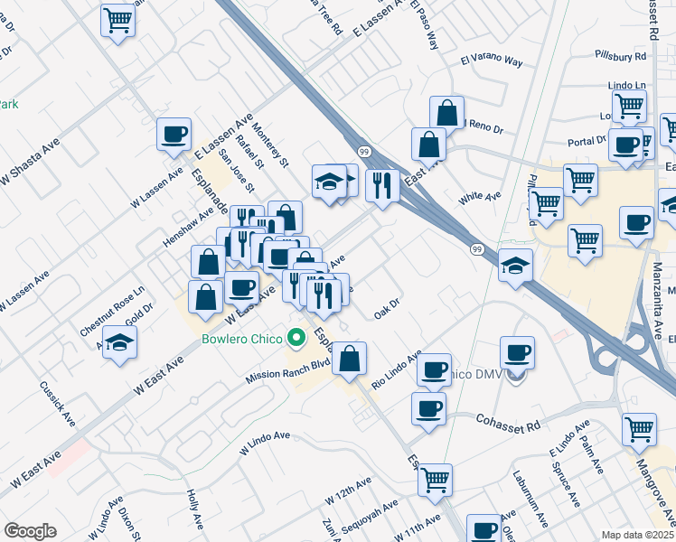 map of restaurants, bars, coffee shops, grocery stores, and more near 267 Connors Avenue in Chico