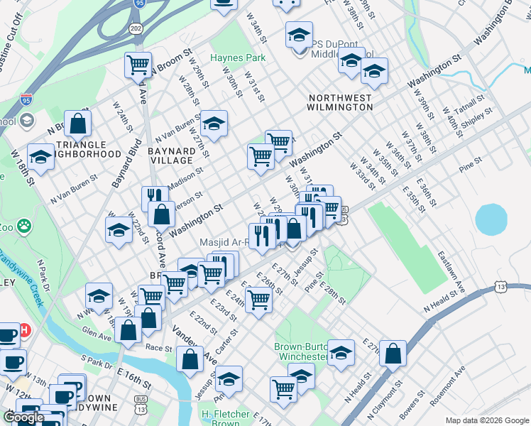 map of restaurants, bars, coffee shops, grocery stores, and more near 207 West 28th Street in Wilmington
