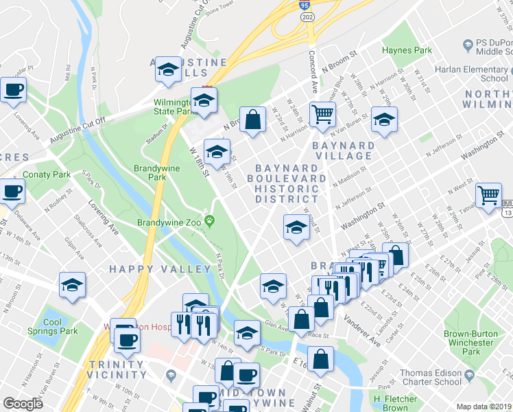 map of restaurants, bars, coffee shops, grocery stores, and more near 607 West 20th Street in Wilmington