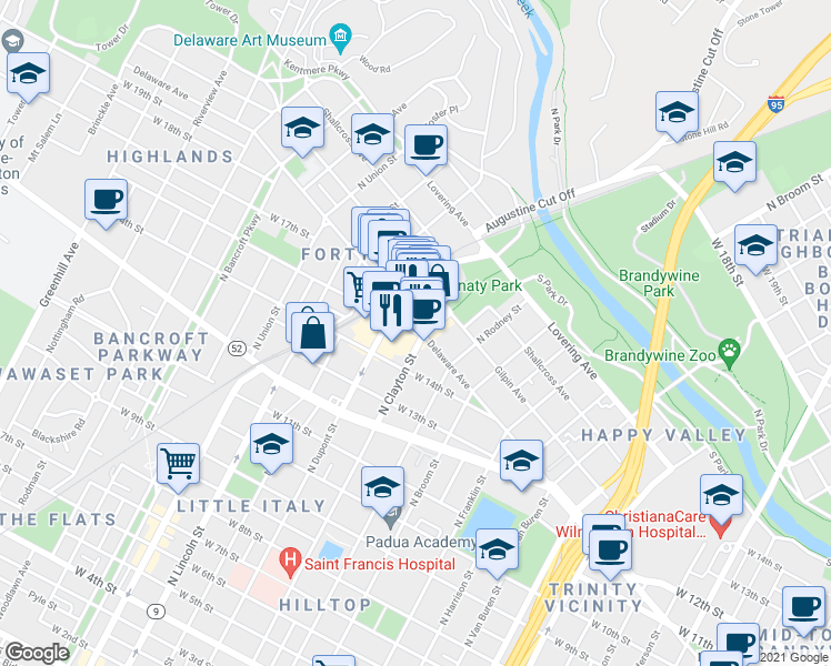 map of restaurants, bars, coffee shops, grocery stores, and more near 1625 West 16th Street in Wilmington