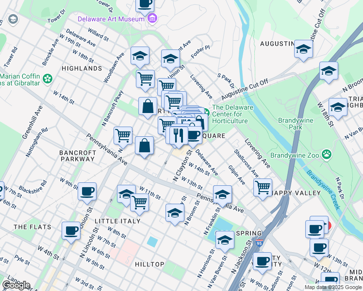 map of restaurants, bars, coffee shops, grocery stores, and more near 1625 West 16th Street in Wilmington