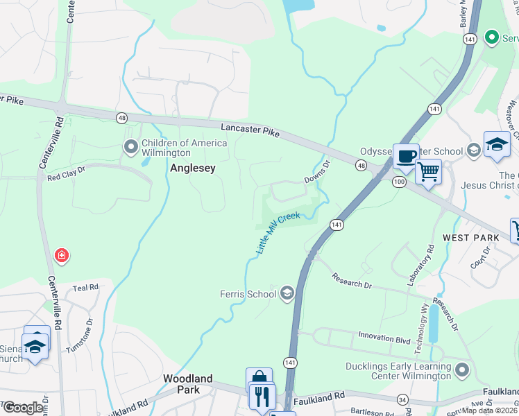 map of restaurants, bars, coffee shops, grocery stores, and more near 103 Downs Drive in Wilmington