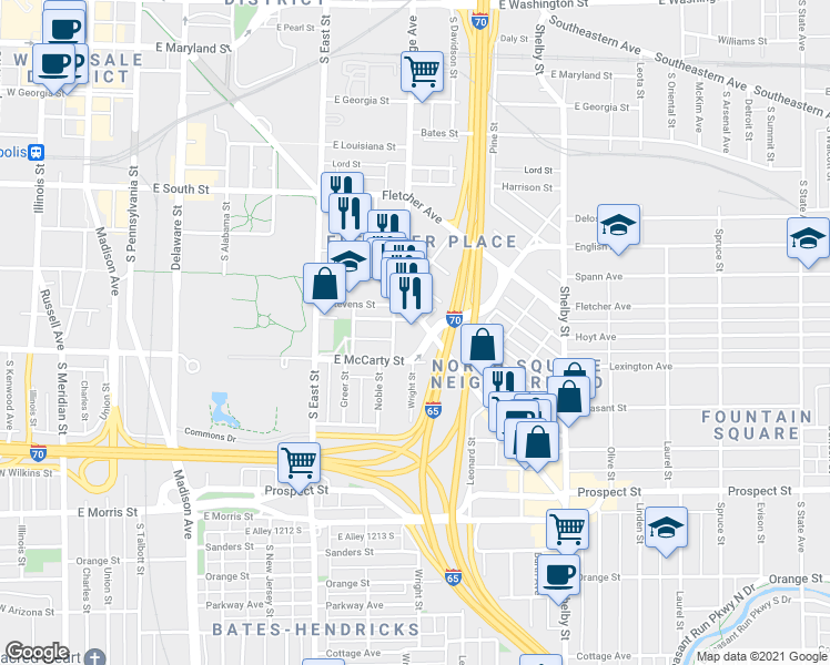 map of restaurants, bars, coffee shops, grocery stores, and more near 702 Virginia Avenue in Indianapolis