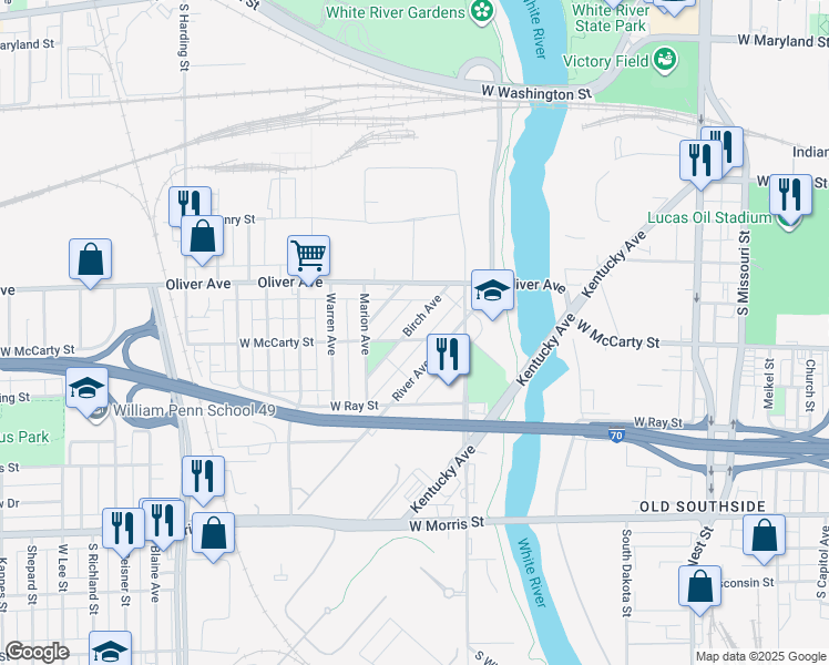 map of restaurants, bars, coffee shops, grocery stores, and more near 645 Birch Avenue in Indianapolis