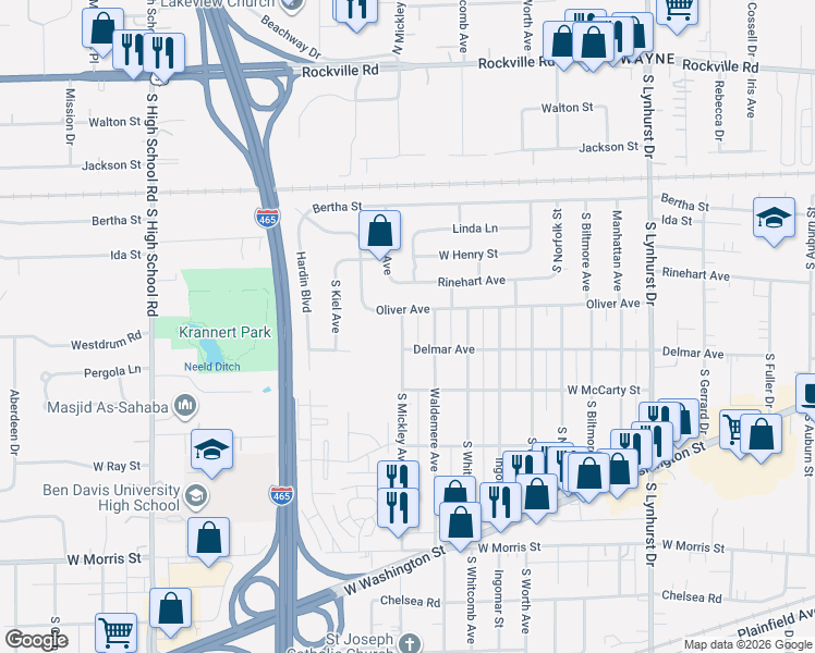 map of restaurants, bars, coffee shops, grocery stores, and more near 5739 Oliver Avenue in Indianapolis