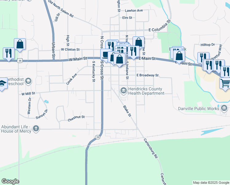 map of restaurants, bars, coffee shops, grocery stores, and more near 1 Blake Street in Danville