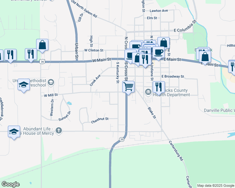 map of restaurants, bars, coffee shops, grocery stores, and more near 392 West Mill Street in Danville