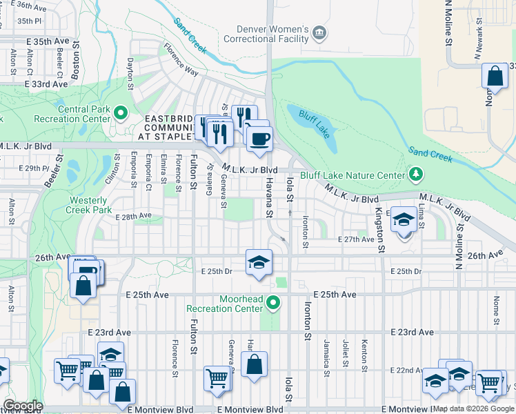 map of restaurants, bars, coffee shops, grocery stores, and more near 10459 28th Place in Denver