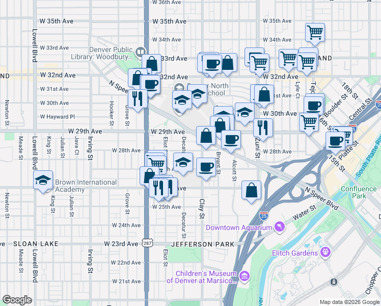 map of restaurants, bars, coffee shops, grocery stores, and more near 2719 West 28th Avenue in Denver