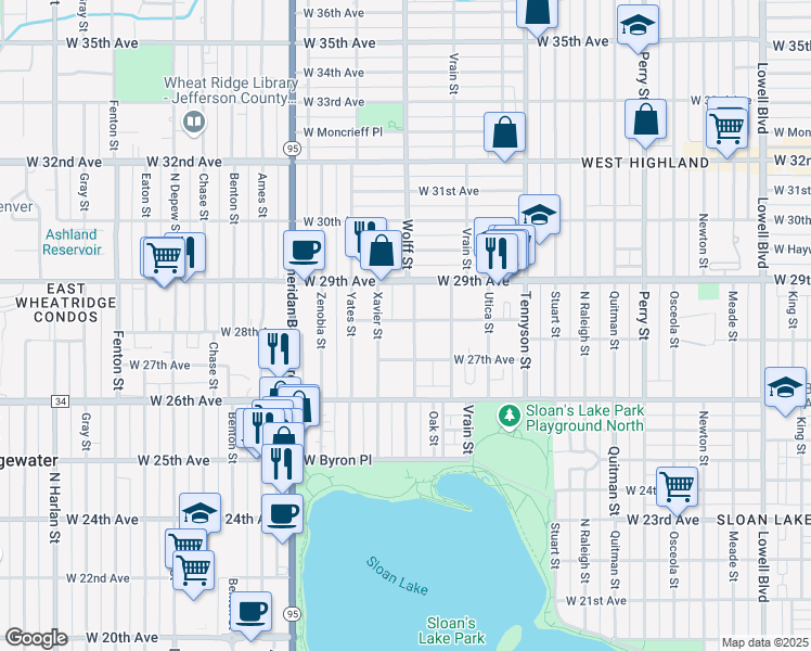map of restaurants, bars, coffee shops, grocery stores, and more near 2751 Wolff Street in Denver