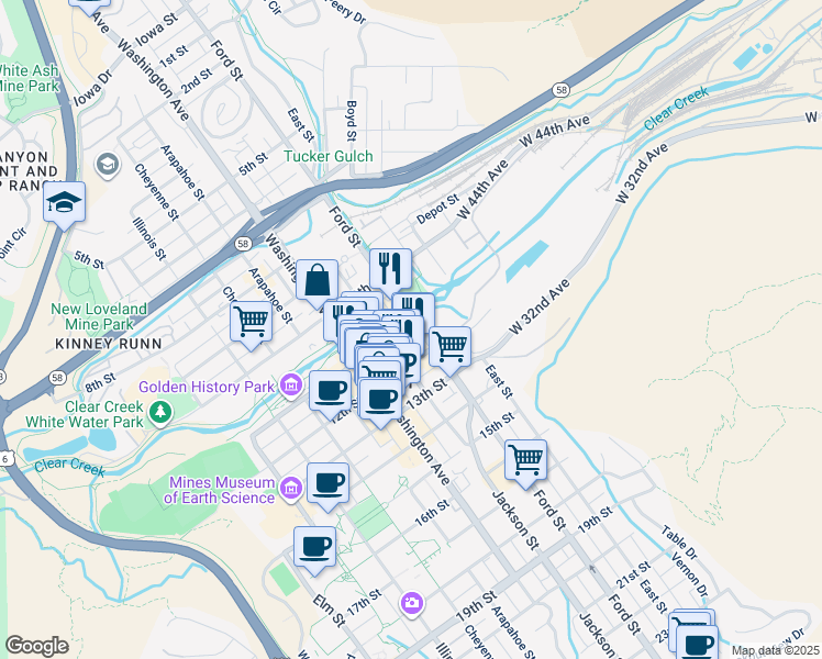 map of restaurants, bars, coffee shops, grocery stores, and more near 615 Water Street in Golden