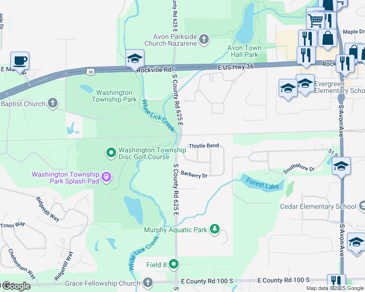 map of restaurants, bars, coffee shops, grocery stores, and more near 6296 Thistle Bend in Avon