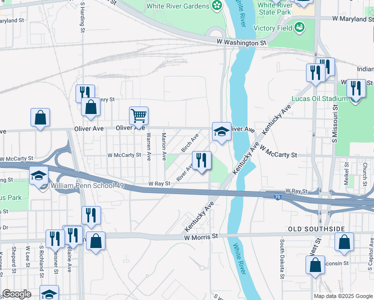 map of restaurants, bars, coffee shops, grocery stores, and more near 645 Birch Avenue in Indianapolis
