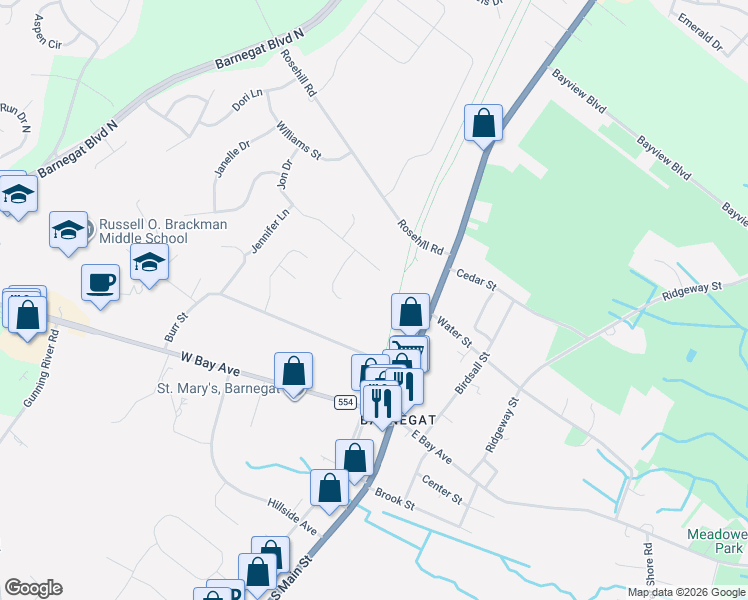 map of restaurants, bars, coffee shops, grocery stores, and more near 17 Whisper Way in Barnegat Township