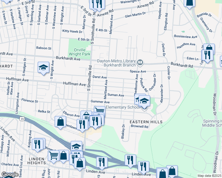 map of restaurants, bars, coffee shops, grocery stores, and more near 1735 Huffman Avenue in Dayton
