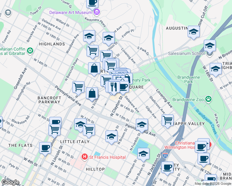 map of restaurants, bars, coffee shops, grocery stores, and more near 1625 West 16th Street in Wilmington