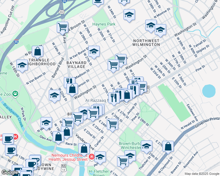 map of restaurants, bars, coffee shops, grocery stores, and more near 2717 North West Street in Wilmington