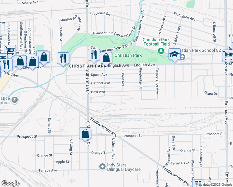 map of restaurants, bars, coffee shops, grocery stores, and more near 3941 Hoyt Avenue in Indianapolis
