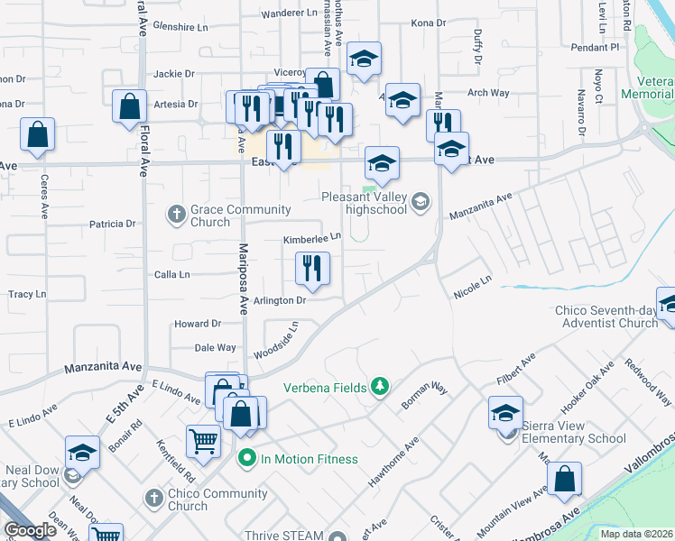 map of restaurants, bars, coffee shops, grocery stores, and more near 1 Garwood Lane in Chico