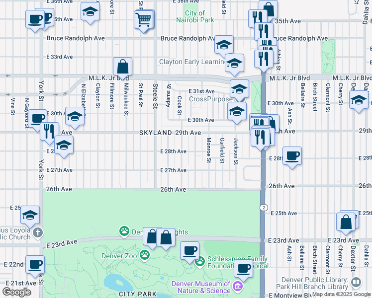 map of restaurants, bars, coffee shops, grocery stores, and more near 2828 Cook Street in Denver