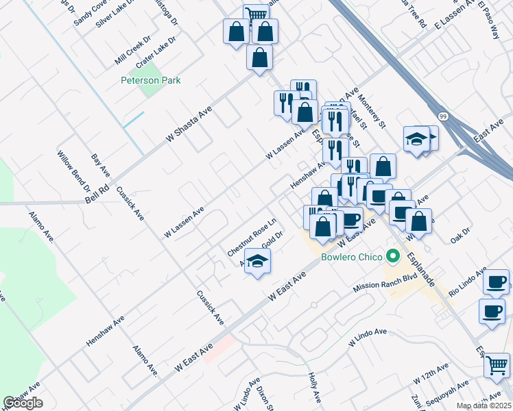 map of restaurants, bars, coffee shops, grocery stores, and more near 318 Henshaw Avenue in Chico