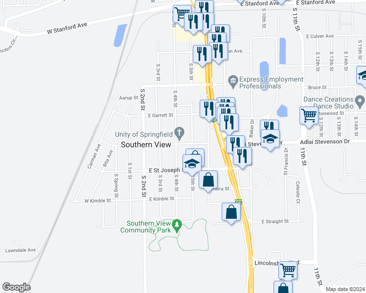 map of restaurants, bars, coffee shops, grocery stores, and more near 416 East Cordelia Street in Southern View