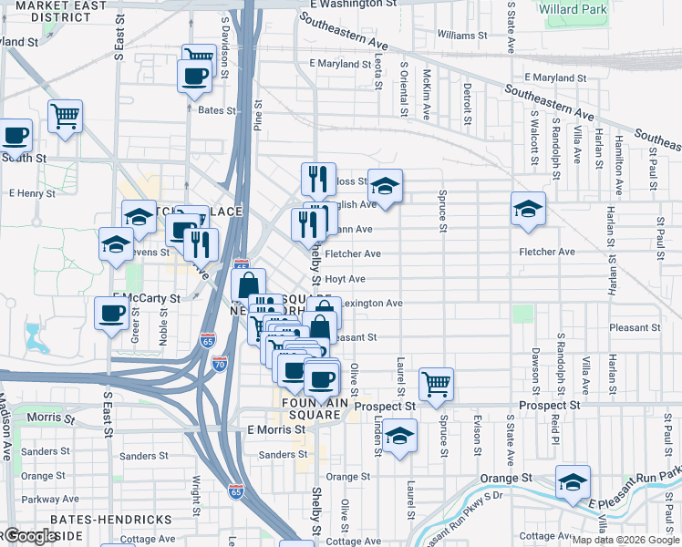 map of restaurants, bars, coffee shops, grocery stores, and more near 1123 Fletcher Avenue in Indianapolis