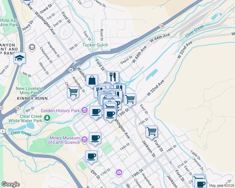 map of restaurants, bars, coffee shops, grocery stores, and more near 615 Water Street in Golden