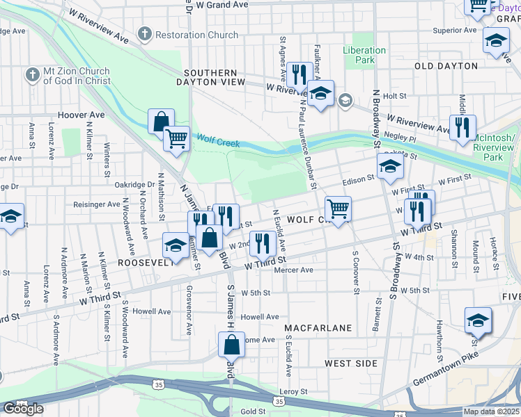 map of restaurants, bars, coffee shops, grocery stores, and more near 1601 West First Street in Dayton