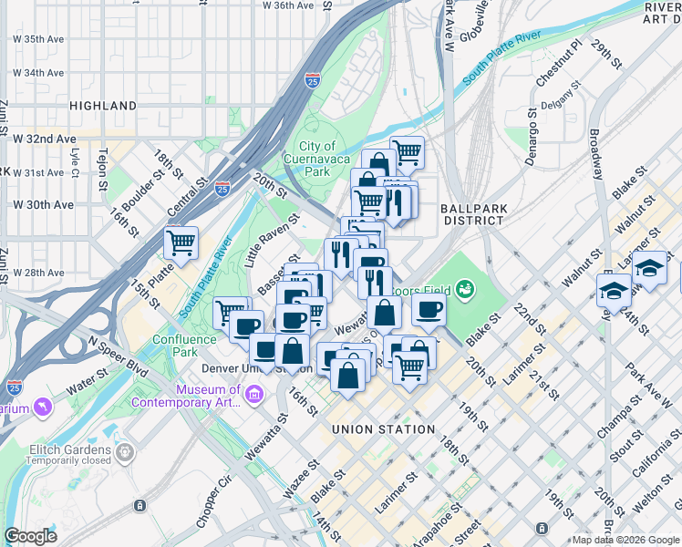 map of restaurants, bars, coffee shops, grocery stores, and more near 1903 Chestnut Place in Denver