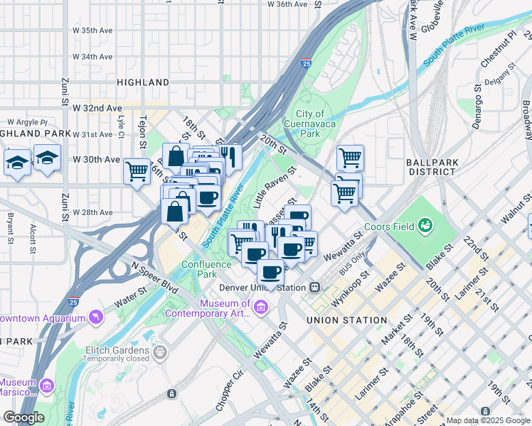 map of restaurants, bars, coffee shops, grocery stores, and more near 1750 Little Raven Street in Denver