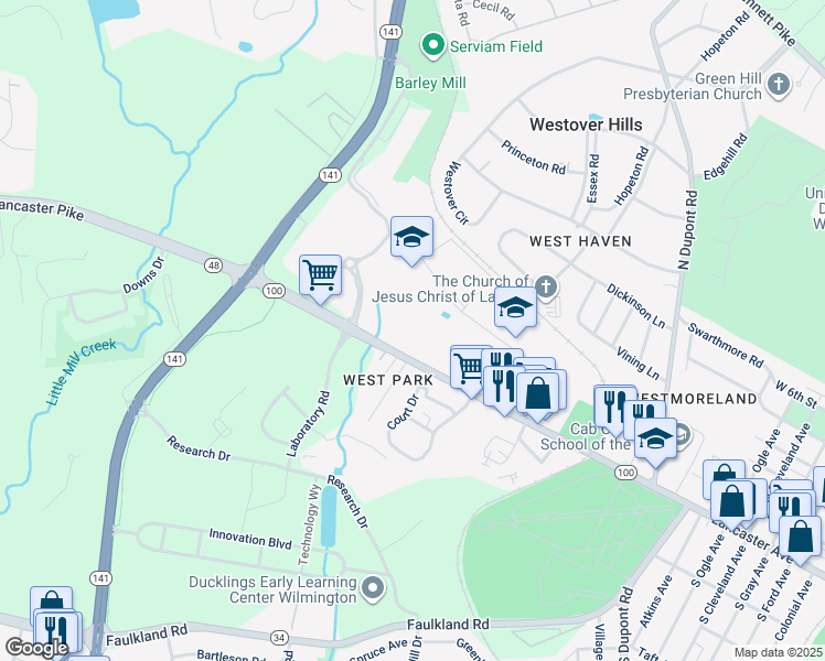 map of restaurants, bars, coffee shops, grocery stores, and more near 4003 Lancaster Pike in Wilmington