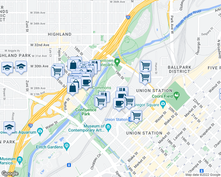 map of restaurants, bars, coffee shops, grocery stores, and more near 2101 15th Street in Denver